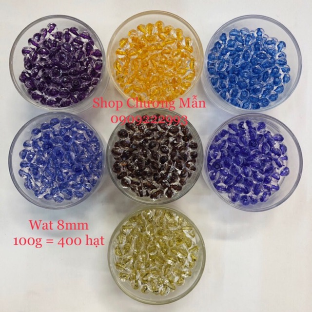 100G Chuỗi Hạt Pha Lê Nhựa 8mm Wat (có nhân màu)