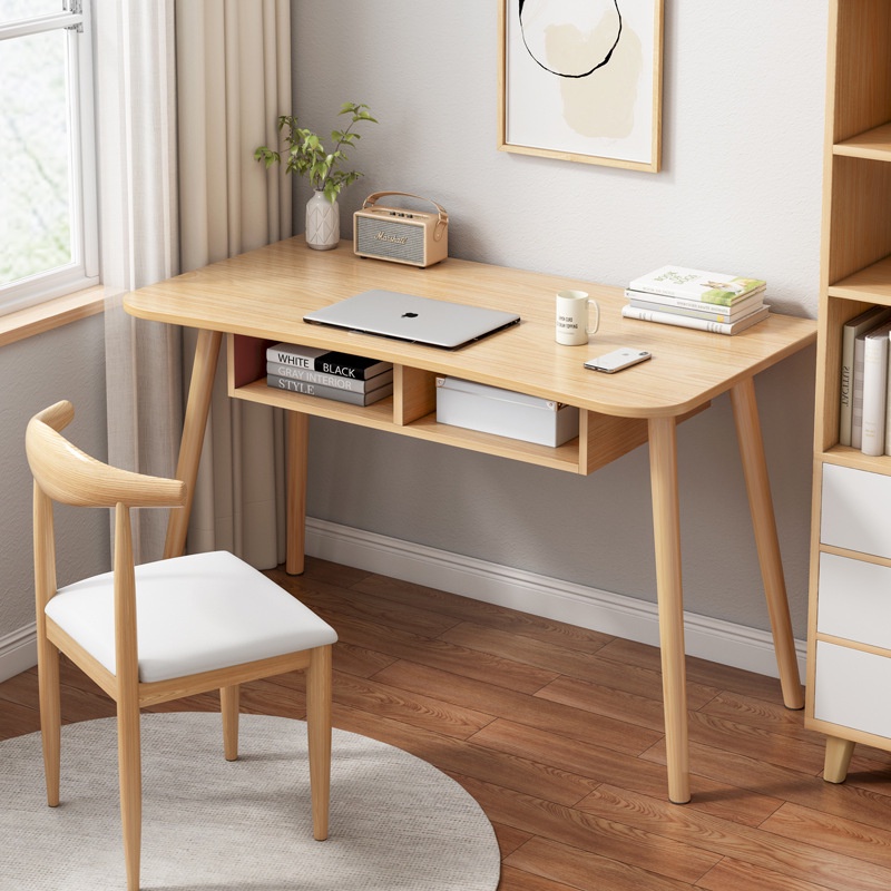 Bàn làm việc tích hợp hộc tủ để đồ tiện lợi chân gỗ tự nhiên chắc chắn, bàn học bền bỉ màu trắng gỗ MDF cao cấp