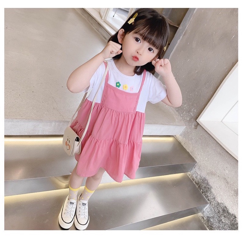 Váy bé gái - Váy giả yếm vải thô họa tiết 3 bông hoa siêu xinh cho bé 1-5 Tuổi