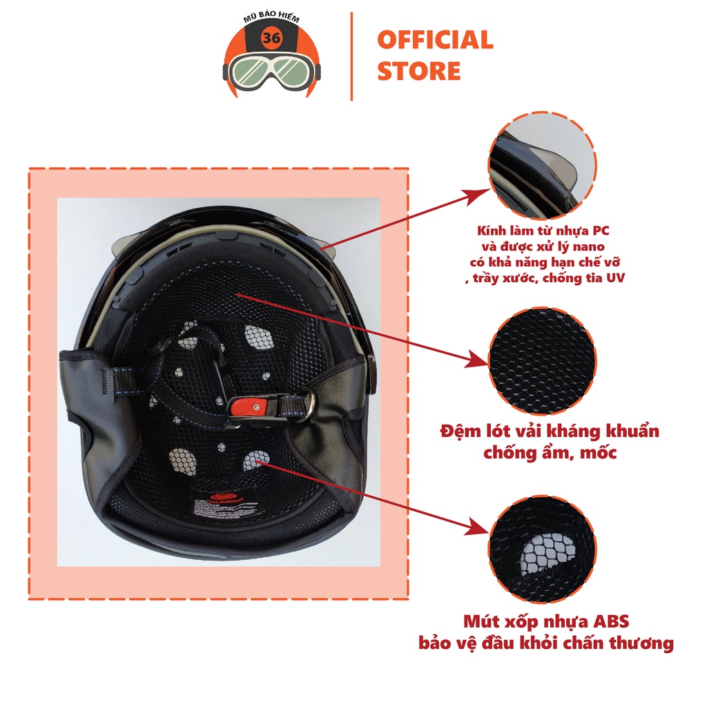 Mũ bảo Hiểm nửa đầu 1/2 ANDES 139 chính hãng có kính ẩn - Tháo Được Lót/Giấu Kính