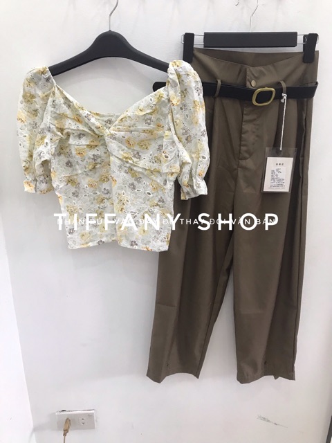 Sét áo sơ mi croptop+ quần kaki cao cấp hàng sẵn có bán lẻ