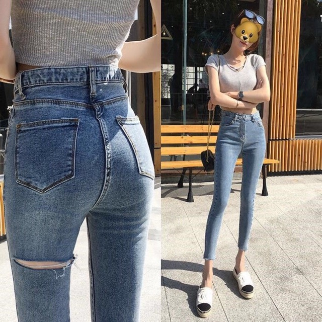 Quần jeans chín màu sáng màu có hương vị Hồng Kông eo cực cao là quần lửng bó hè mùa hè mỏng bó sát quần bút chì nữ mới