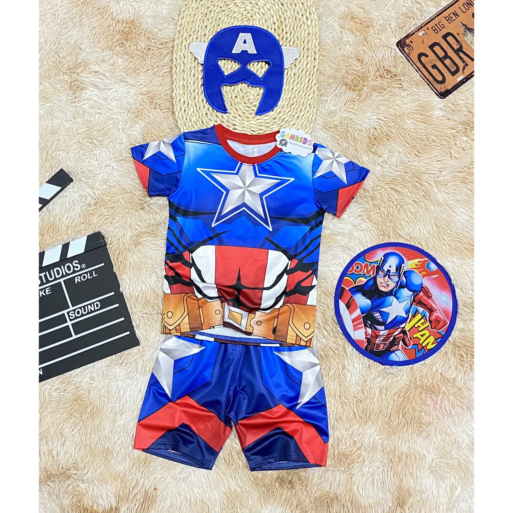 Bộ quần áo trẻ em Đội Trưởng Mỹ - Captain America ngắn tay - bộ đồ tặng choàng (khiên) và mặt nạ