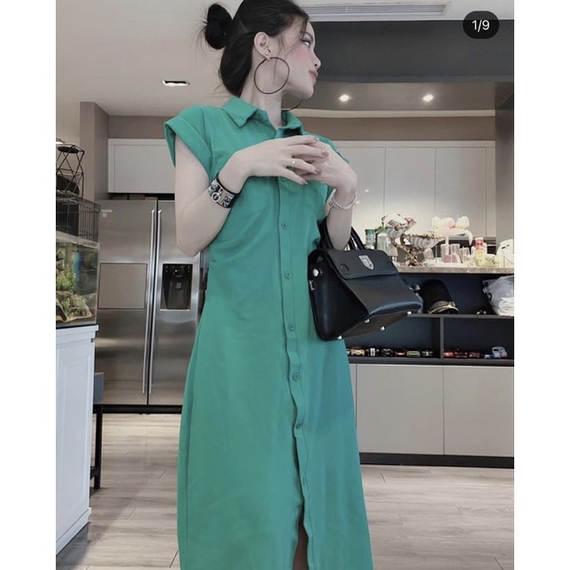 váy sơ mi nữ dáng suông màu xanh cho nữ