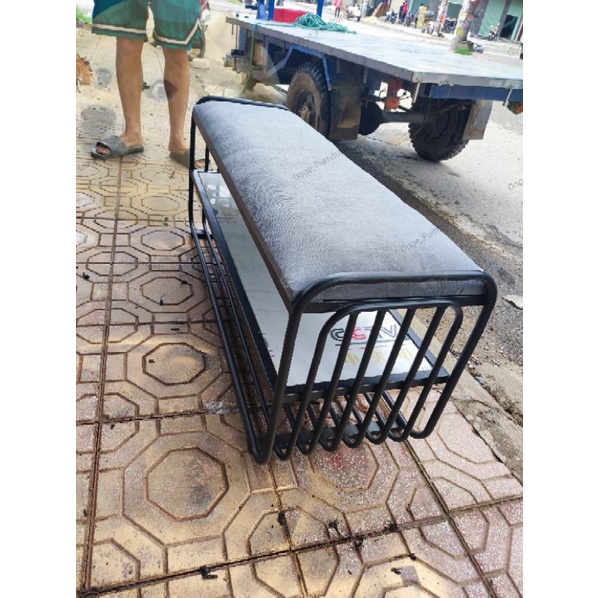 Ghế ngồi đi giày 2 tầng hiện đại dáng thanh sọc, băng ghế đẩu kiêm kệ để giày, trang trí phòng khách
