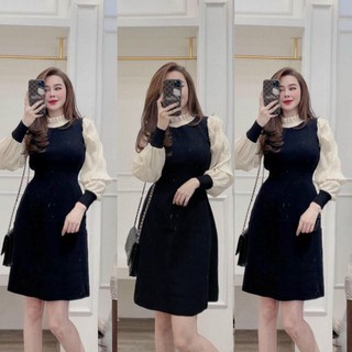 V115 Đầm công sở, thiết kế cổ tàu xếp bèo tay pha kem, đầm dáng chữ A dễ mặc