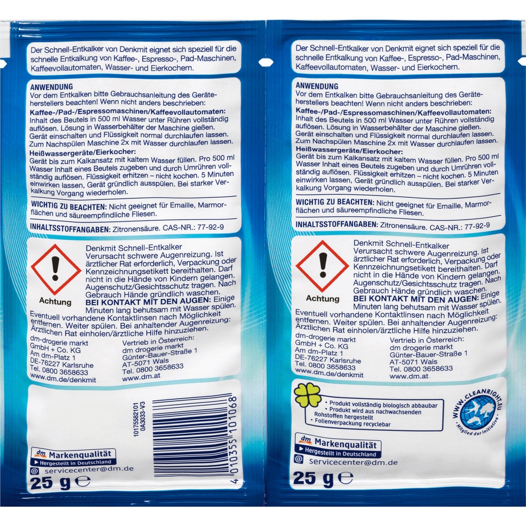 Denkmit - Bột khử cặn bám trong ấm siêu tốc đun nước, máy pha cà phê set 2 gói 50g Entkalker - hàng nhập khẩu Đức