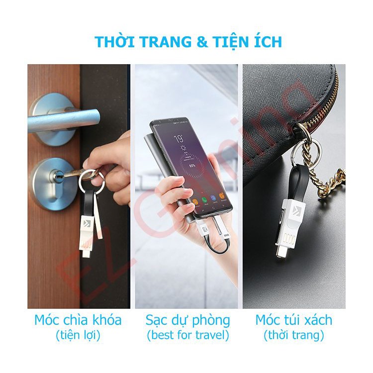 [Free ship] Cáp Sạc ngắn 3 in 1 – Tích hợp 3 loại đầu, Móc chìa khóa tự hít thông minh.