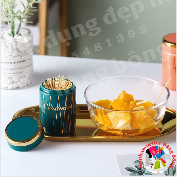 (HÀNG ĐẸP) Hộp đựng tăm tre sứ xương xanh trắng cao cấp