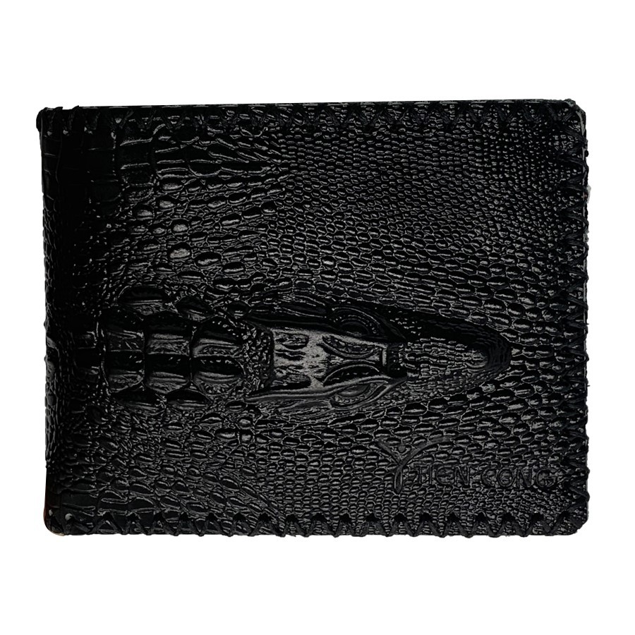 Ví Nam Ngang Da Bò Dập Vân Cá Sấu May Viền Tiến Công Màu Đen - TCN1040