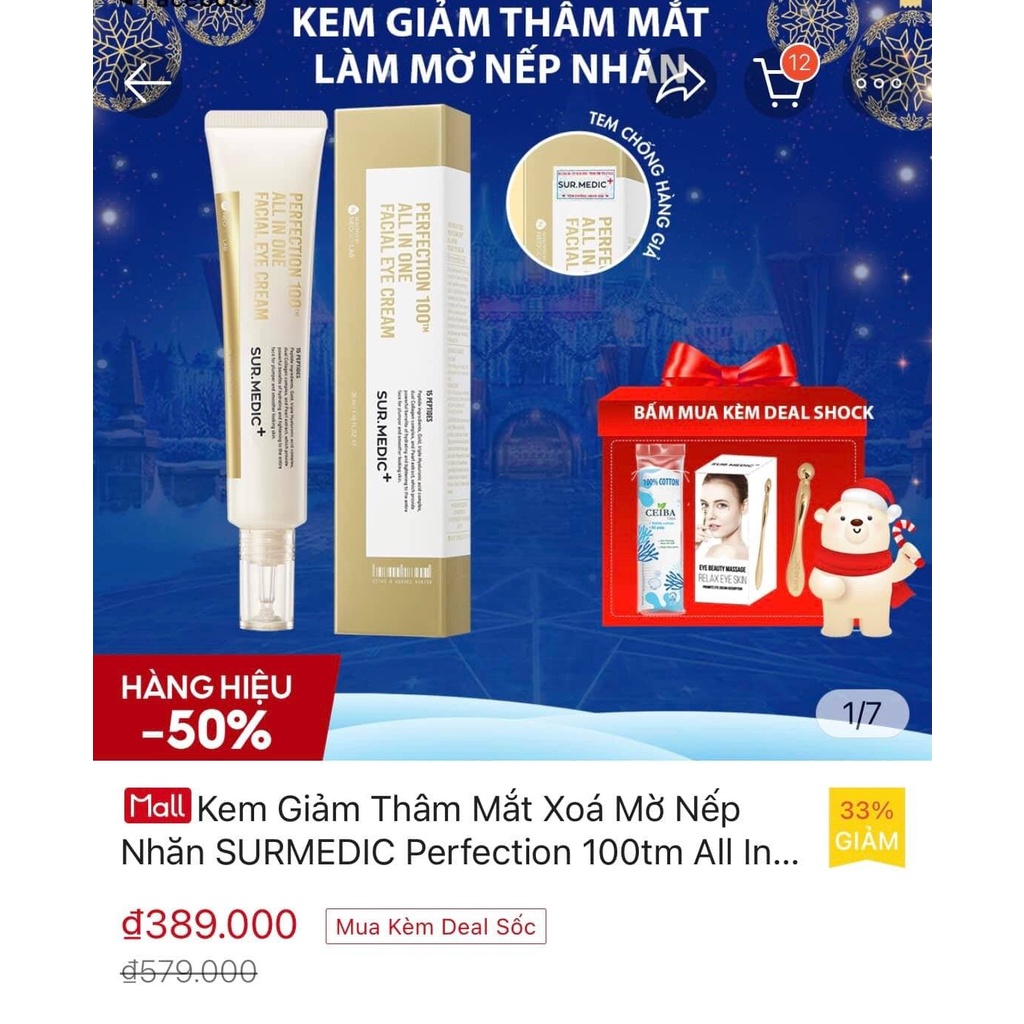 [Hàng trả order, không có dư] Set Kem dưỡng mắt vàng Sur.Medic Perfection 100 All In One Facial Eye Cream