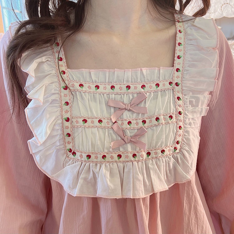 Bộ Đồ Ngủ Tay Dài Cổ Vuông Màu Trơn Dễ Thương Phong Cách Nhật Bản Thời Trang Xuân Thu Cho Nữ