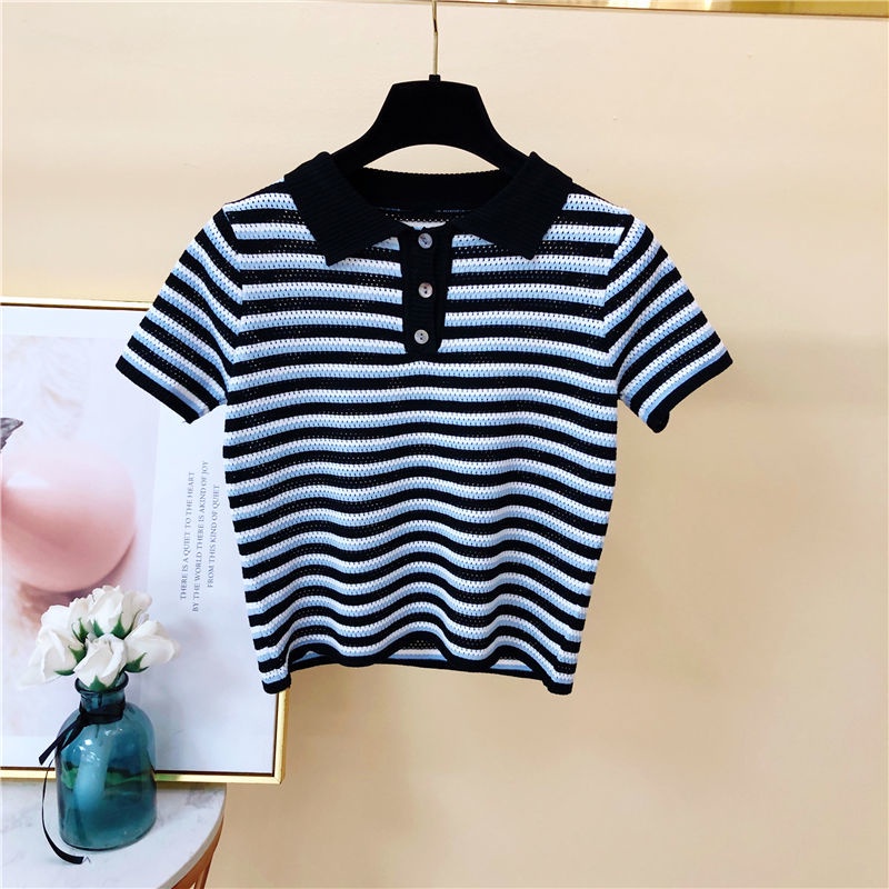 Áo Sweater Tay Ngắn Cổ Polo Hoạ Tiết Kẻ Sọc Thời Trang Mùa Hè Dành Cho Nữ