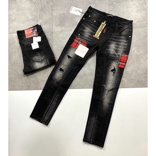 Quần bò nam ống côn Dsquared2 khoá lệch vàng vá trắng đỏ mới hot trend 2022 - Jean biker