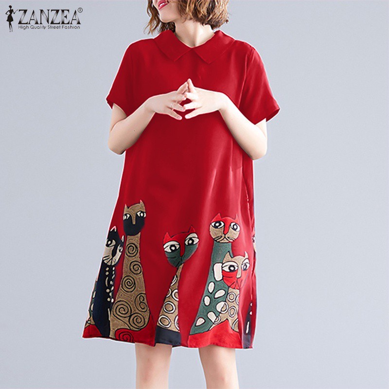 ZANZEA Đầm midi cổ rùa tay ngắn in hình động vật vintage cho nữ