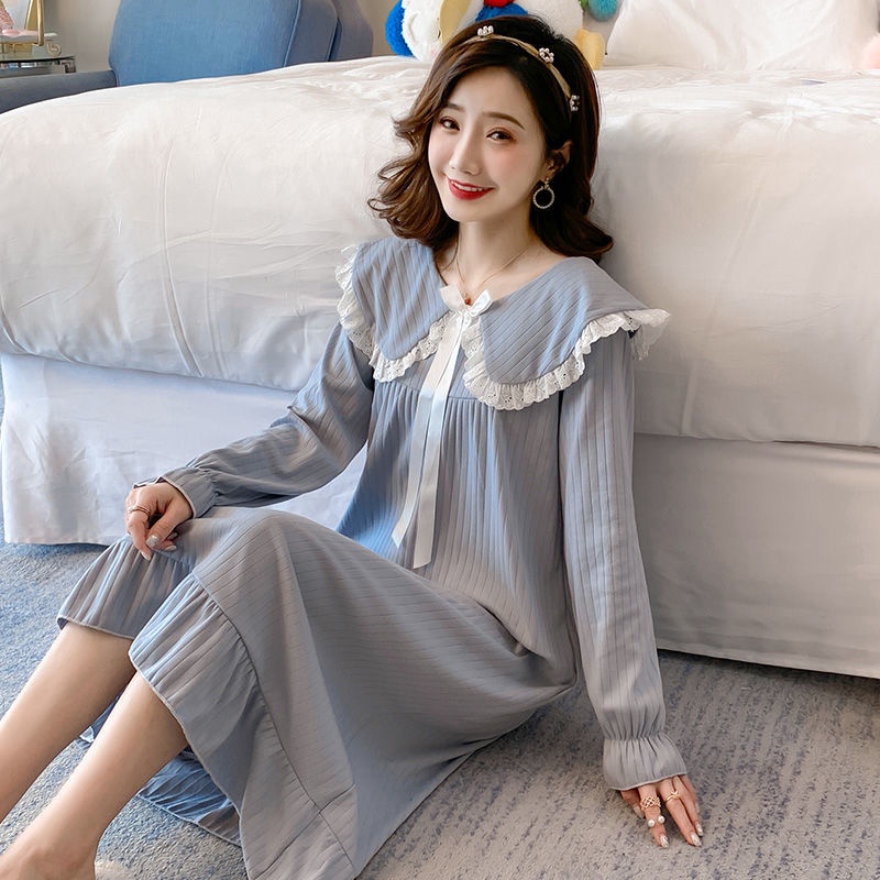Váy ngủ cotton tinh khiết dài tay dễ thương và ngọt ngào Bộ đồ cung điện công chúa Phong cách mặc nhà