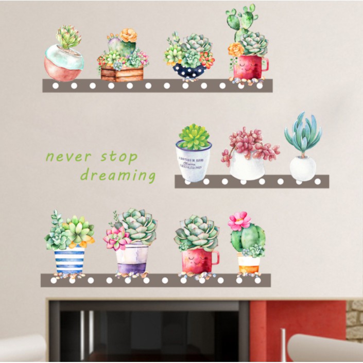 Decal dán tường Chậu hoa trên kệ chữ tiếng anh
