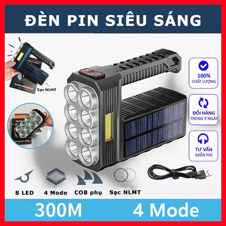 Đèn pin cầm tay siêu sáng 8 bóng Led chiếu xa 300m chống thấm nước, đèn pin sạc tích điện năng lượng mặt trời 4 chế độ