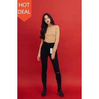 Quần jean nữ lưng cao skinny đen rách gối ống dài 7CELEB - JR015