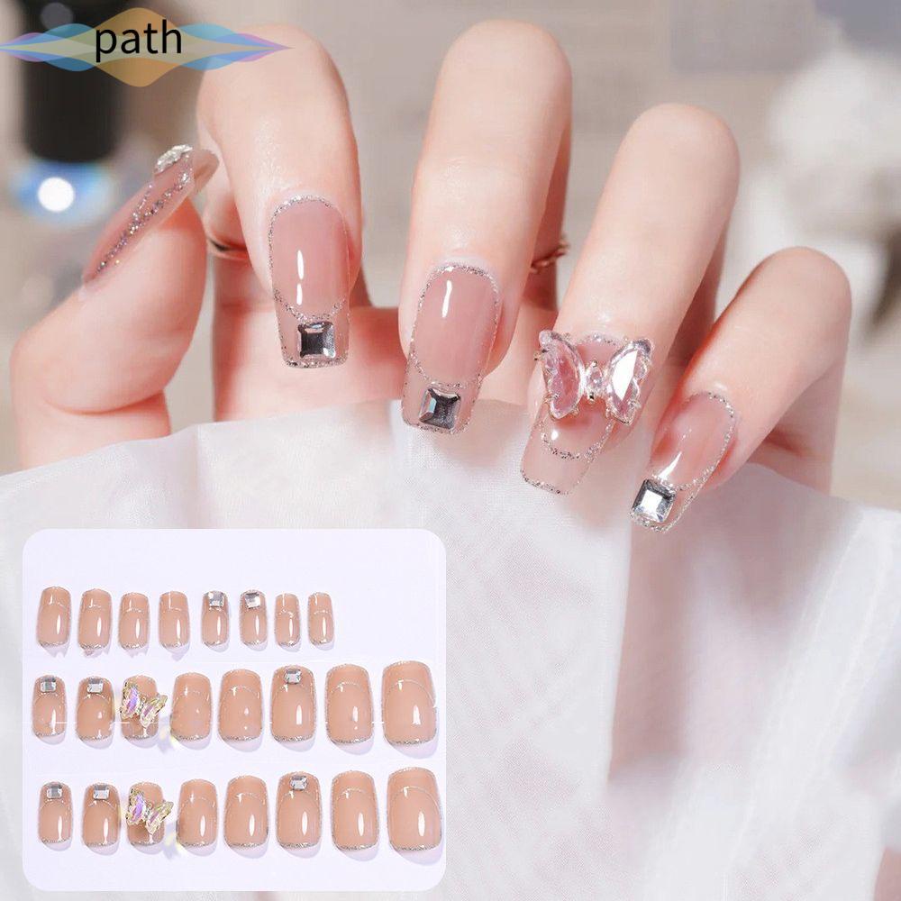 [Hàng mới về] Hộp 24 móng tay giả đầu vuông đính đá bươm bướm dành cho trang trí móng tay nghệ thuật DIY