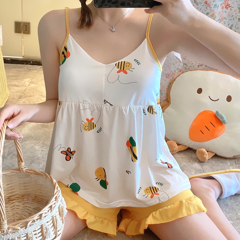 Đồ Bộ Nữ Mặc Nhà 2 Dây Dễ Thương Kèm Đệm Mút Ngực  - Chất Liệu Cotton Mềm Mát