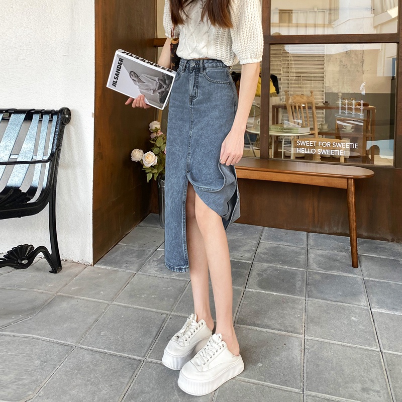 Chân Váy Midi Chữ A Eo Cao Xẻ Tà Retro Hàn Quốc Mới Mùa Hè Cho Bạn Gái