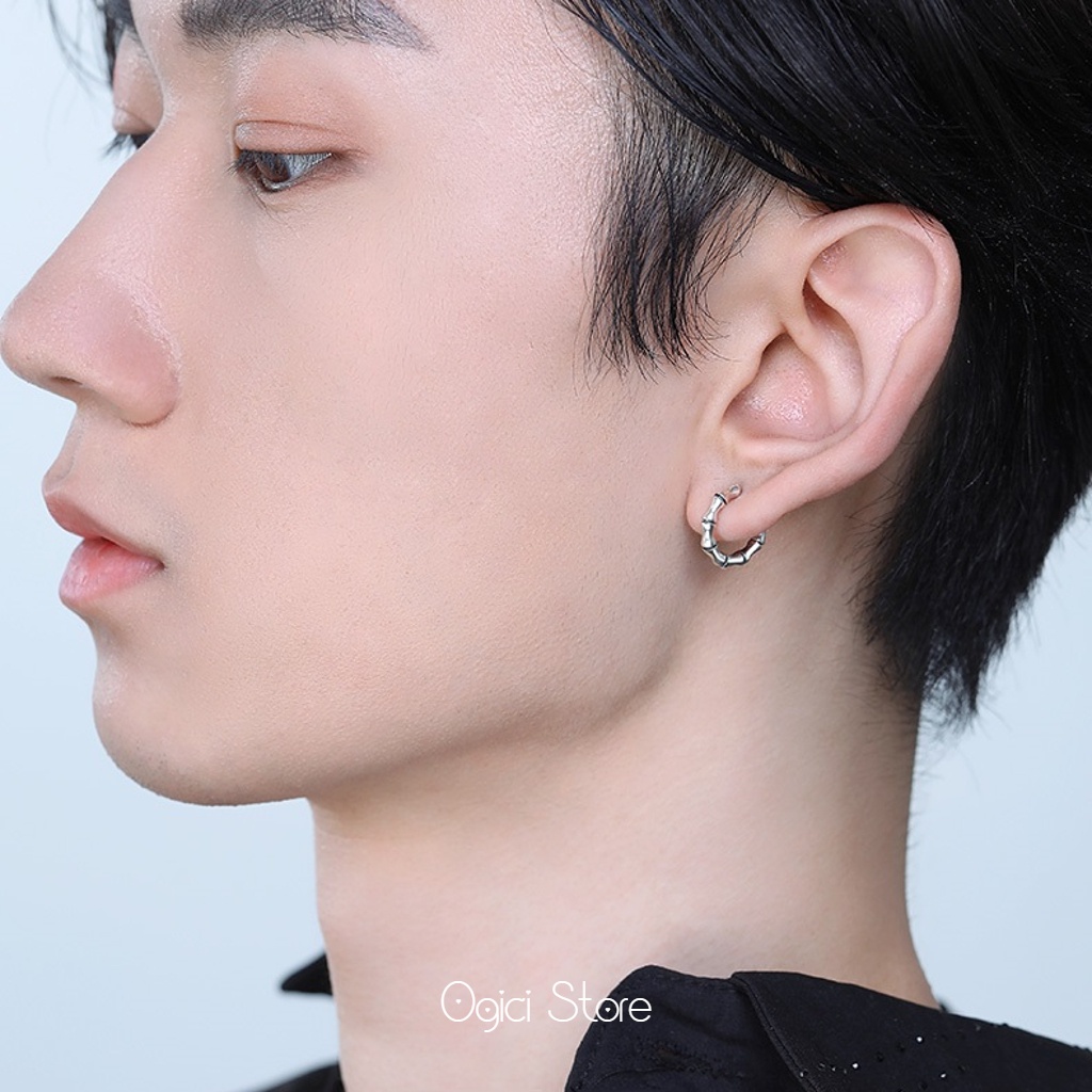 Bông tai nam nữ titan không gỉ, Khuyên tai nam dáng tròn thiết kế hình đốt tre độc đáo, Cá tính, Unisex, 1 chiếc