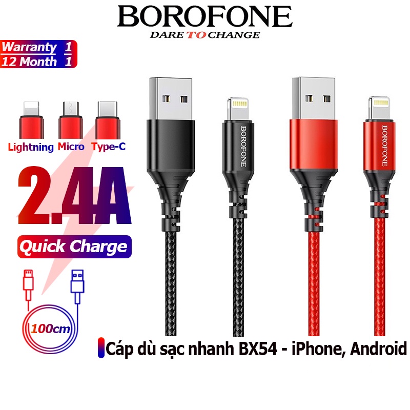 [Mã ELBOROMAY giảm 10% đơn 100K] Dây cáp sạc nhanh BOROFONE BX54 bện dù 2.4A đầu Lightning, Micro, Type-C 1m