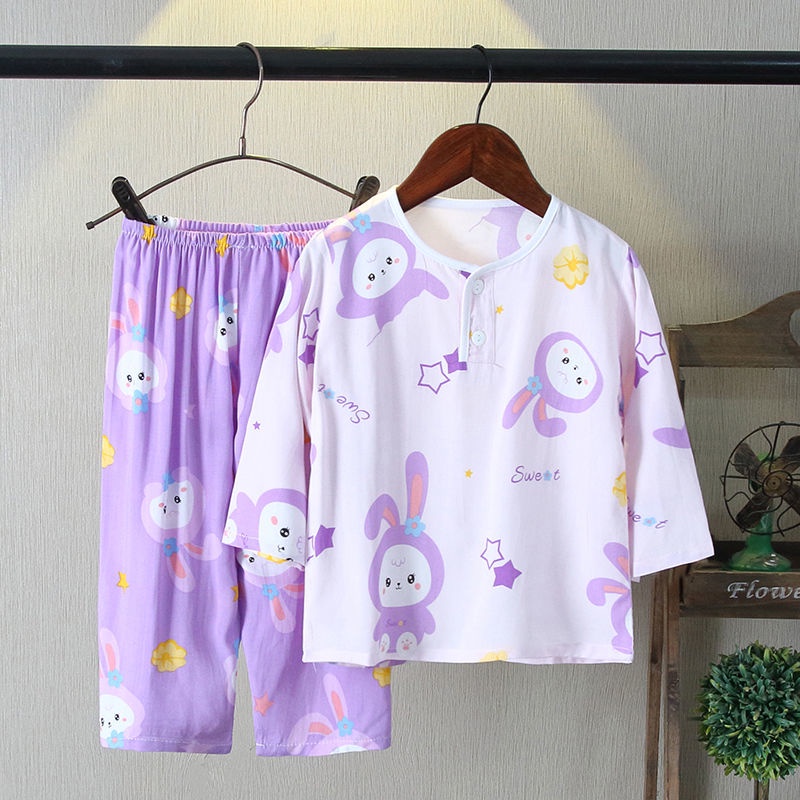 Bộ Đồ Ngủ Tay Dài Chất Liệu cotton Lụa Mỏng Nhẹ Thời Trang Mùa Hè Xinh Xắn Cho Bé