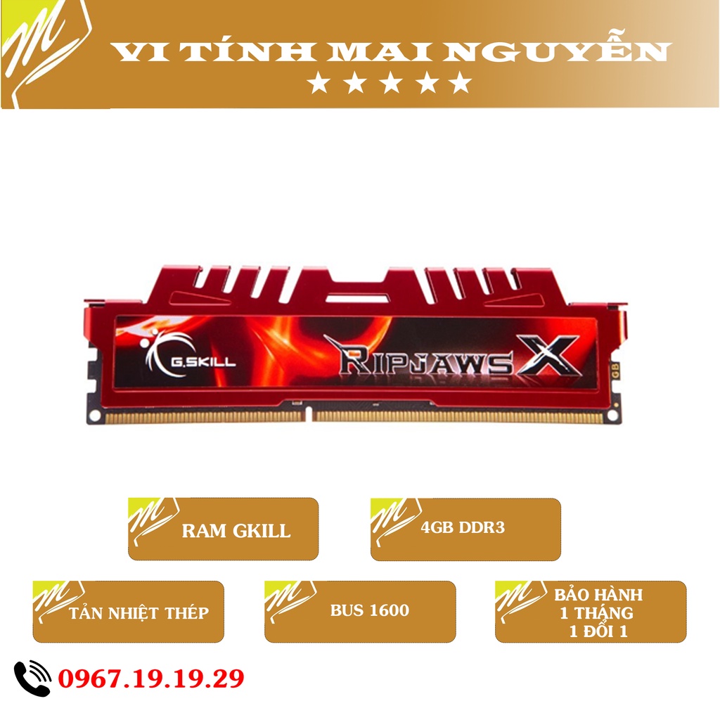 Ram PC 4G DDR3 Bus 1600 chính hãng GSKILL, có tản nhiệt. Hàng cũ. Bảo hành 1 tháng.