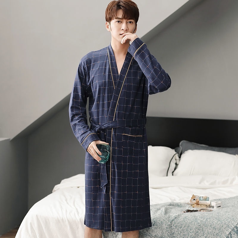 Áo choàng ngủ nam mùa xuân và thu dài tay tắm cotton màu, tắm, kimono, buổi sáng, phong cách đông, đồ size lớn, trẻ