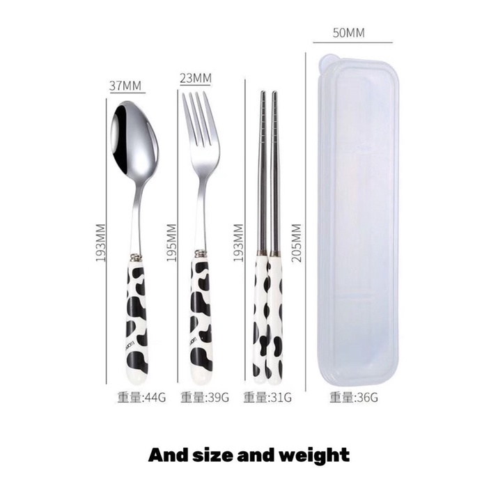 Bộ đũa thìa inox cá nhân hoạ tiết bò sữa dễ thương (kèm hộp đựng) - Set 3 thìa đũa muỗng văn phòng, dã ngoại, du lịch