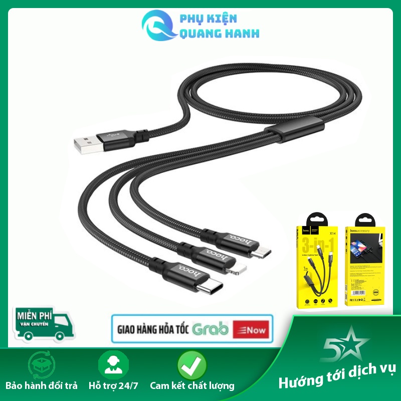 Cáp sạc đa năng 3in1 Hoco X14 cổng microUSB//Type-C dài 1M,max 2.4A Dây dù 3 đầu Android IP| Type C