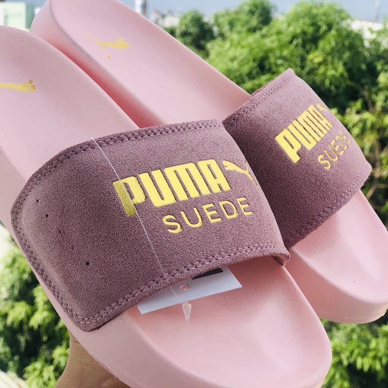 Dép unisex 𝐌𝐋𝐁 𝐏𝐔𝐌𝐀 ❤️FREESHIP + Hộp❤️ dép mlb bóng chày quai ngang thể thao nữ in PUMA da lộn, full-hồng