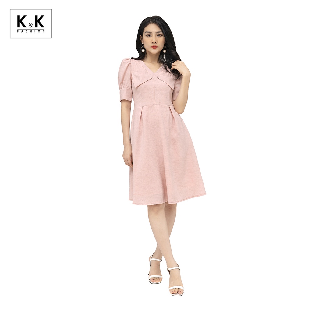 Đầm Công Sở Xòe Tay Phồng K&K Fashion KK104-14 Màu Hồng Cổ Sen