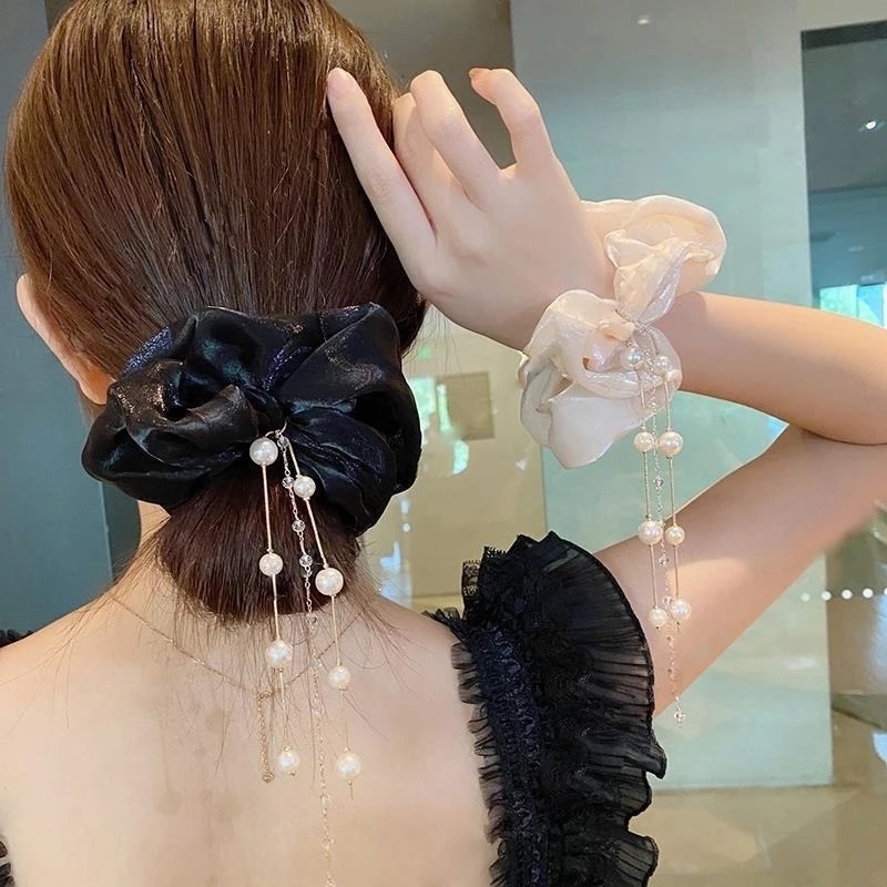 Dây Cột Tóc Co Giãn Bằng Vải Voan Cỡ Lớn Đính Đá Và Ngọc Trai Thời Trang Cho Nữ