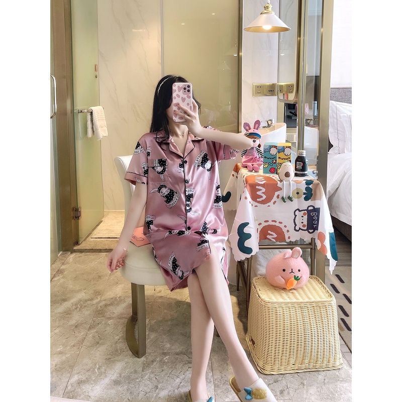 Đầm Ngủ Ngắn Tay In Họa Tiết Hoạt Hình Phong Cách Hàn Quốc Cho Nữ