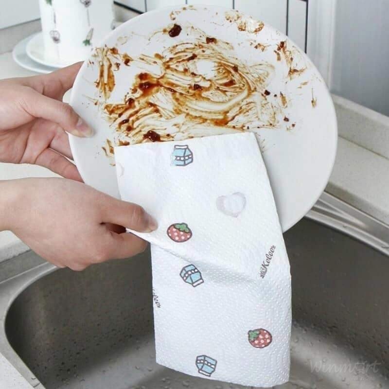 Cuộn khăn lau đa năng nhà bếp hoạ tiết trắng - cuộn 40 khăn