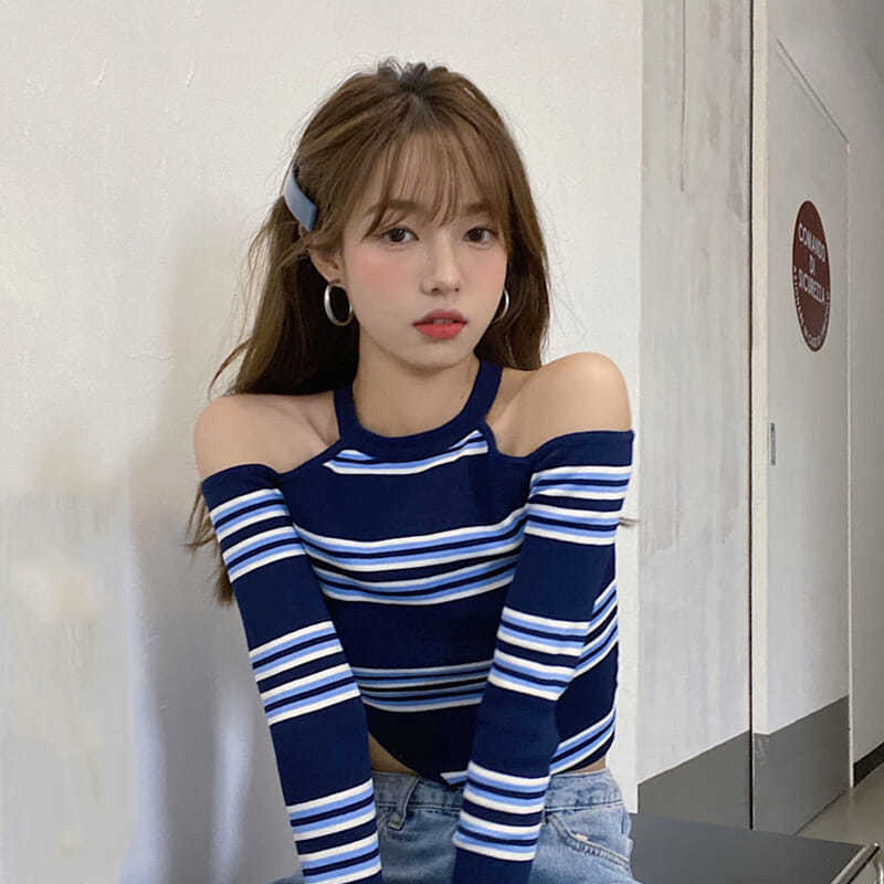 Áo hở vai dáng mỏng dài tay họa tiết kẻ sọc thời trang quyến rũ cho nữ