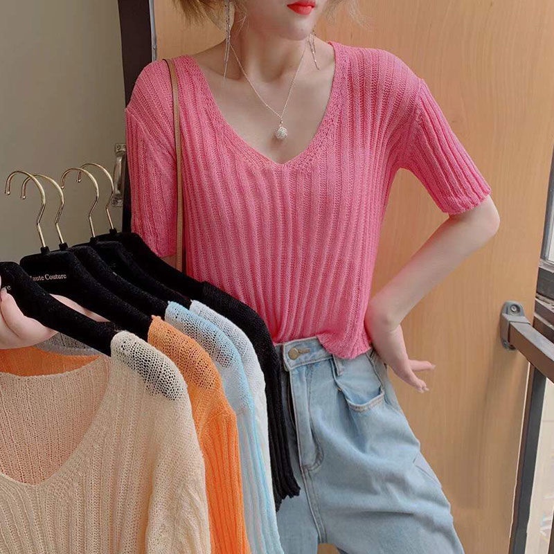 Áo Dệt Kim Cổ Chữ V Màu Sắc Đơn Giản Phong Cách Hàn Quốc Cho Nữ