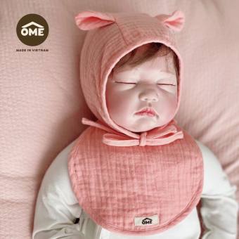 Set mũ yếm tai gấu vải xô Muslin OME