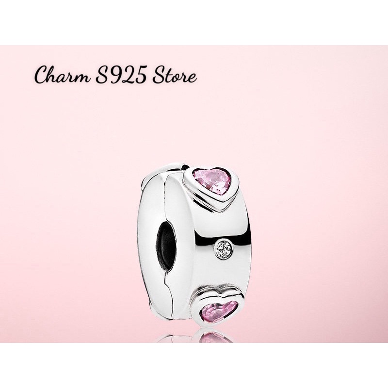 charm pan khoá chặn đá tim hồng bạc s925 cao cấp