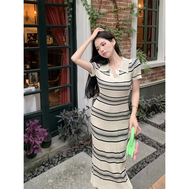 Cocory vn Đầm Dài Tay Ngắn Cổ POLO Họa Tiết Kẻ Sọc Thời Trang Dành Cho Nữ