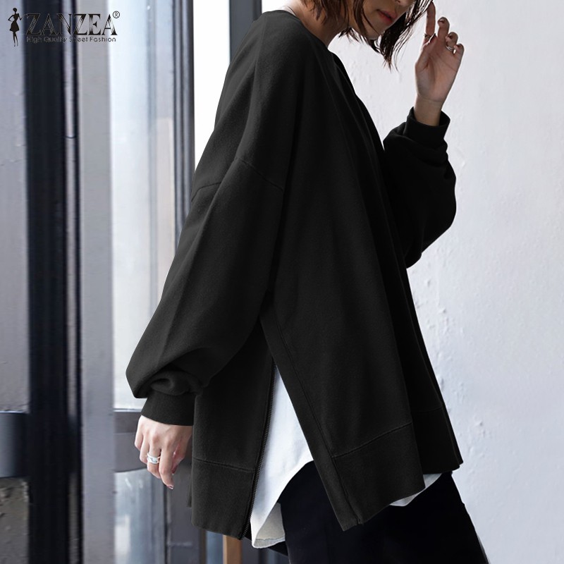 ZANZEA Áo sweatshirt cổ tròn tay dài và phồng xẻ tà thời trang cho nữ