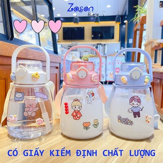 [ TẶNG STICKER ] Bình Nước Nhựa Nhắc Nhở Uống Nước Dung Tích 1200ml Có Dây Đeo Và Quai Xách