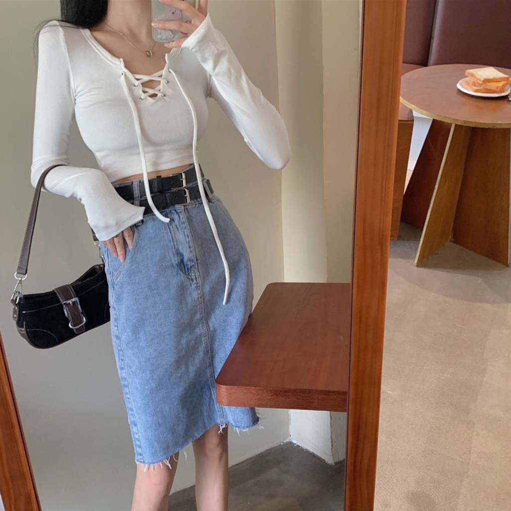 Áo Thun Tay Dài Cổ Chữ V Thiết Kế Thắt Dây Eo Xinh Xắn