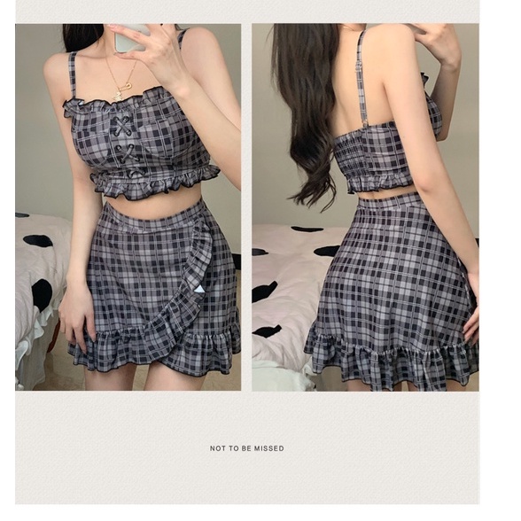Mẫu mới 2023 Bikini Hàn Quốc áo nhún váy caro viền bèo Lolita dễ thương có quần váy kín đáo, đồ bơi xịn