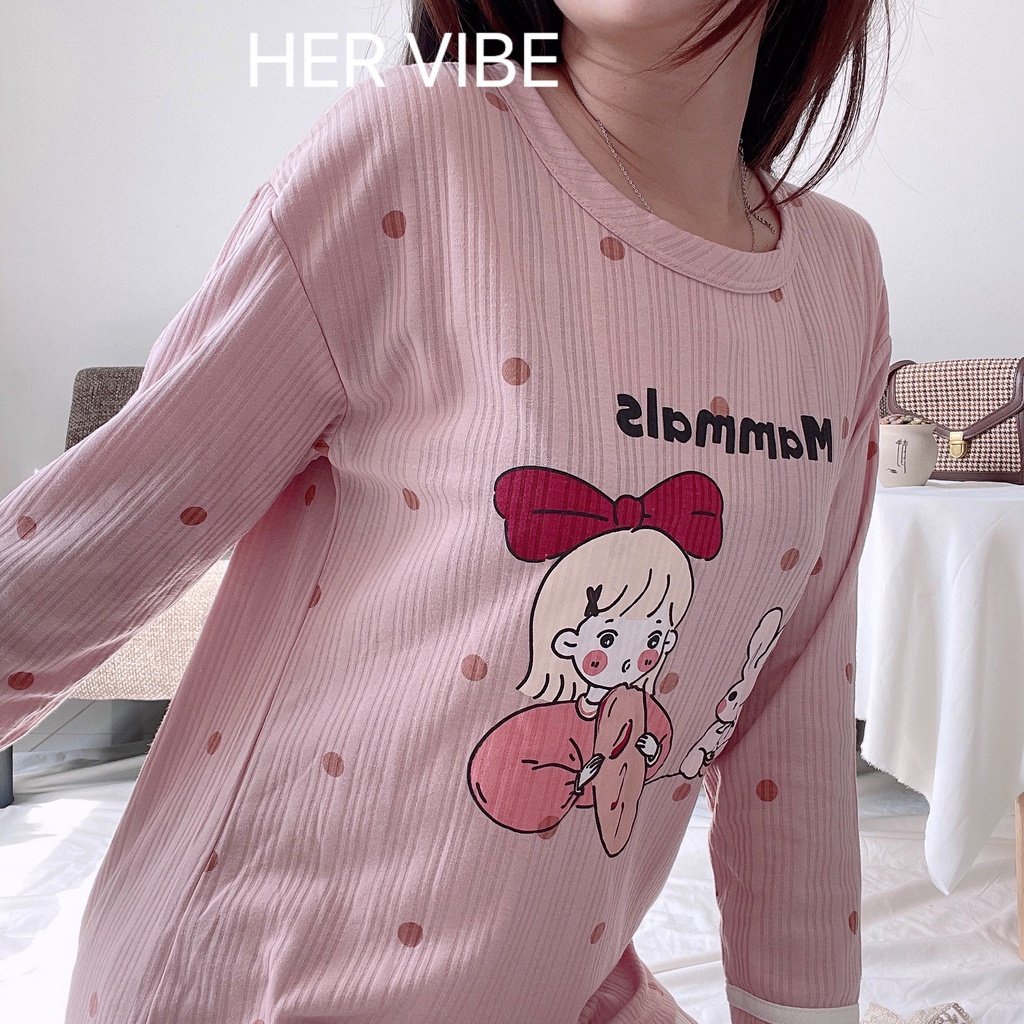 Pijama nữ dài tay thu đông mềm mại, Đồ bộ nữ mặc nhà dễ thương mềm mại nhiều màu Her Vibe | BigBuy360 - bigbuy360.vn