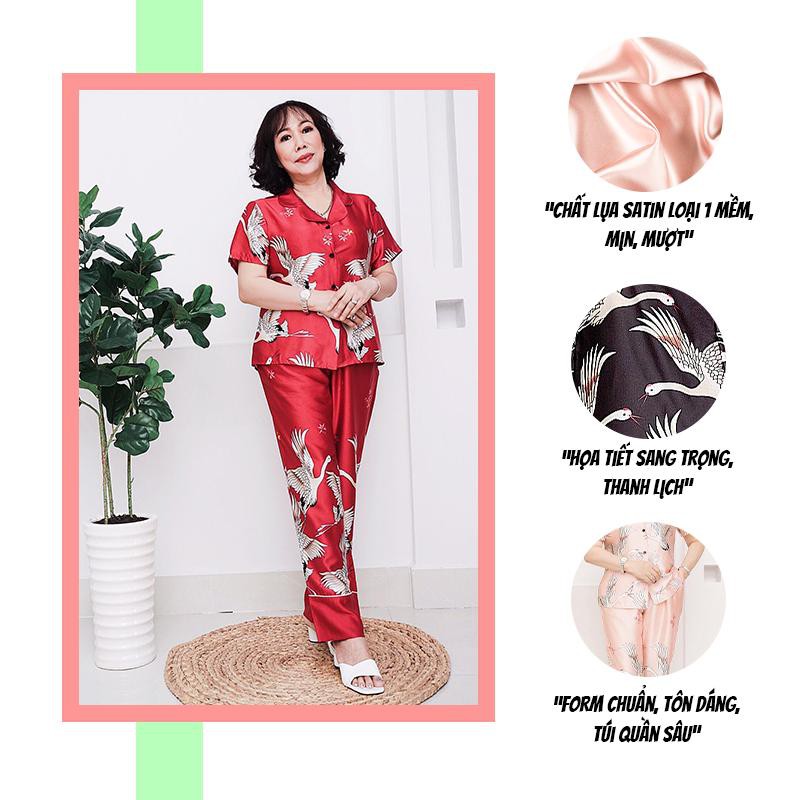 Đồ bộ trung niên SBORG pijama nữ mặc nhà lụa satin hạc sang trọng quần dài có túi đồ đôi mẹ và con gái quà tặng mẹ