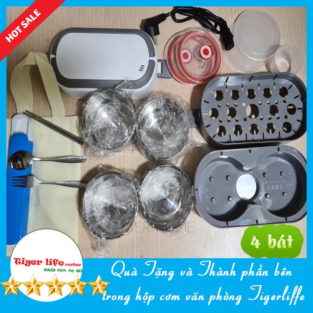 Hộp Cơm Cắm Điện MINISTYLE Tặng Kèm Bộ Đũa🎀Cắm Điện 3 Tầng, 4 Bát Inox, Giữ Nhiệt, Hâm Nóng Và Nấu Chín Thức Ăn | BigBuy360 - bigbuy360.vn